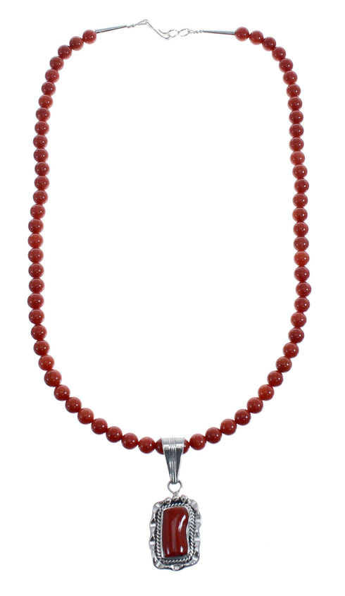 Native American Navajo Coral Round Bead Pendant Sterling Silver Necklace JX126559
